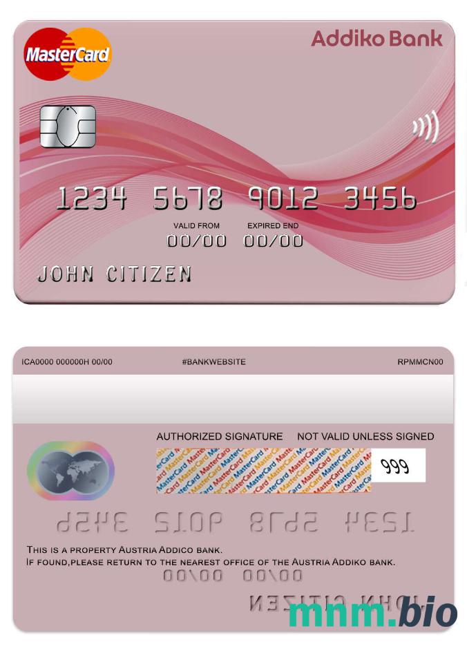Austria Addiko bank przykład karty mastercard w formacie PSD